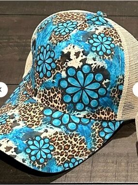 Blue Floral Leopard Mesh Trucker Hat